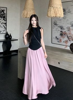 3MER哦哦三妹 精致搭配 气质挂脖背心上衣女缎面半身裙夏季两件套