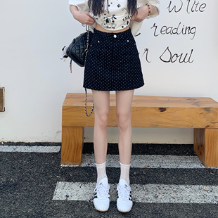 3MER哦哦三妹黑色miu系波点半身裙女夏小个子复古高腰包臀a字短裙