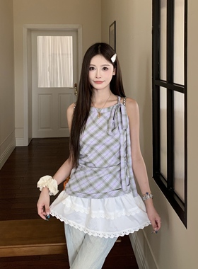 3MER哦哦三妹甜美蕾丝拼接挂脖连衣裙上衣女夏季新款别致格纹背心