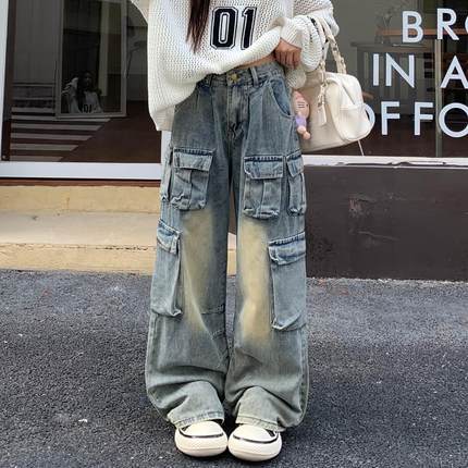 3MER哦哦三妹设计感高街美式复古工装裤女宽松口袋直筒阔腿牛仔裤