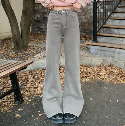 3MER哦哦三妹 浅灰色加绒微喇牛仔裤女冬季保暖修身显瘦直筒裤子