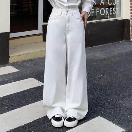 3MER哦哦三妹美式白色牛仔裤女中腰显瘦毛边直筒宽松垂感阔腿裤子