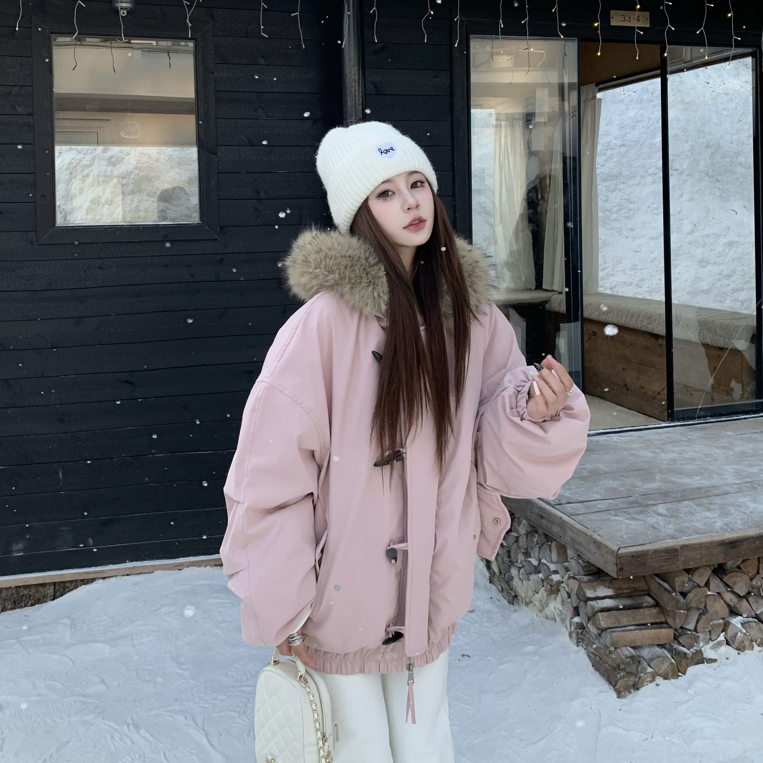 3MER牛角扣大毛领棉服外套