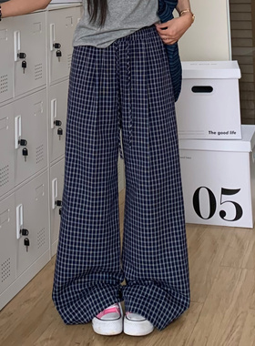 3MER哦哦三妹韩系慵懒风绑带松紧格子裤女夏直筒宽松阔腿休闲裤子