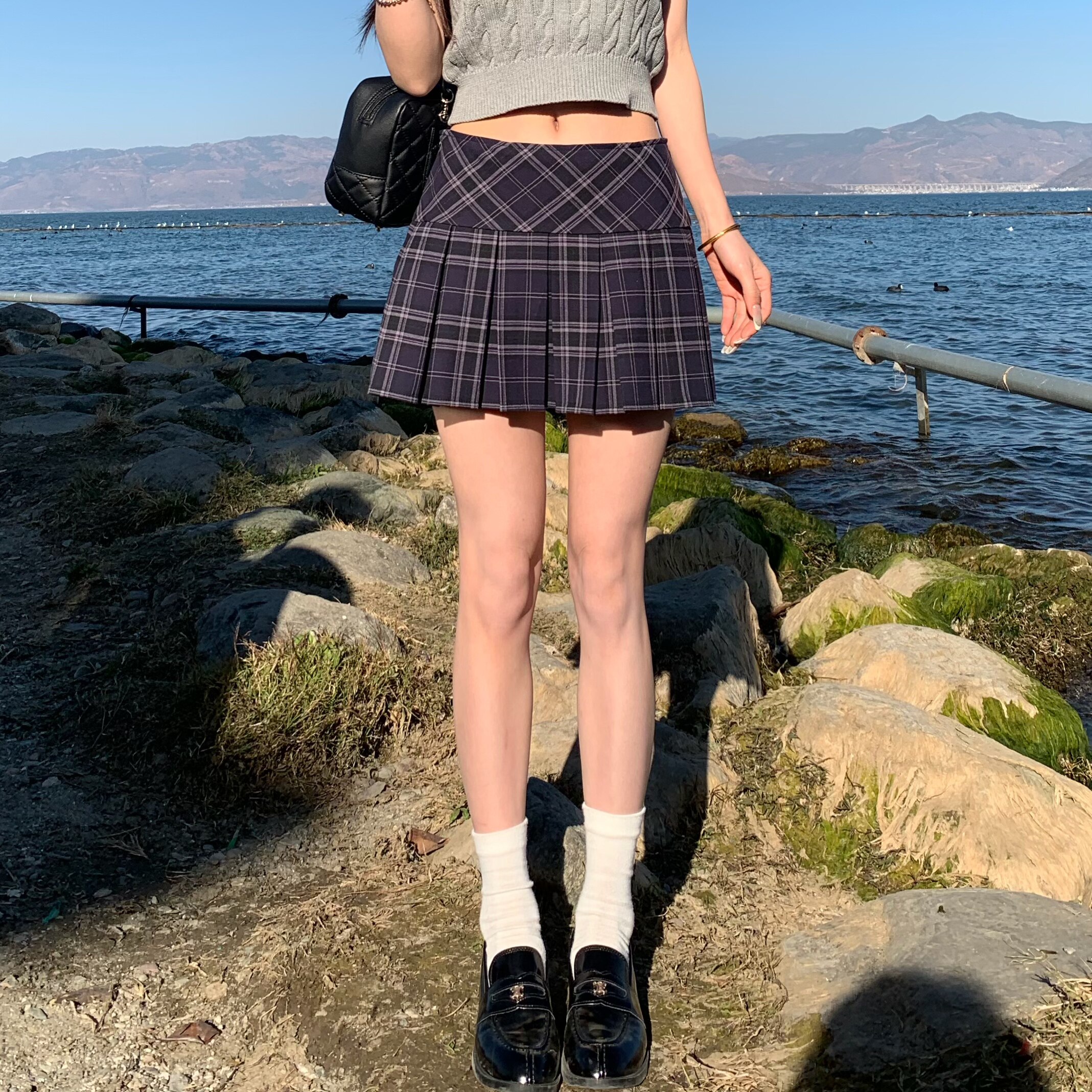 3MER哦哦三妹 韩系学院风藏蓝色格纹百褶裙女春夏a字短裙子半身裙