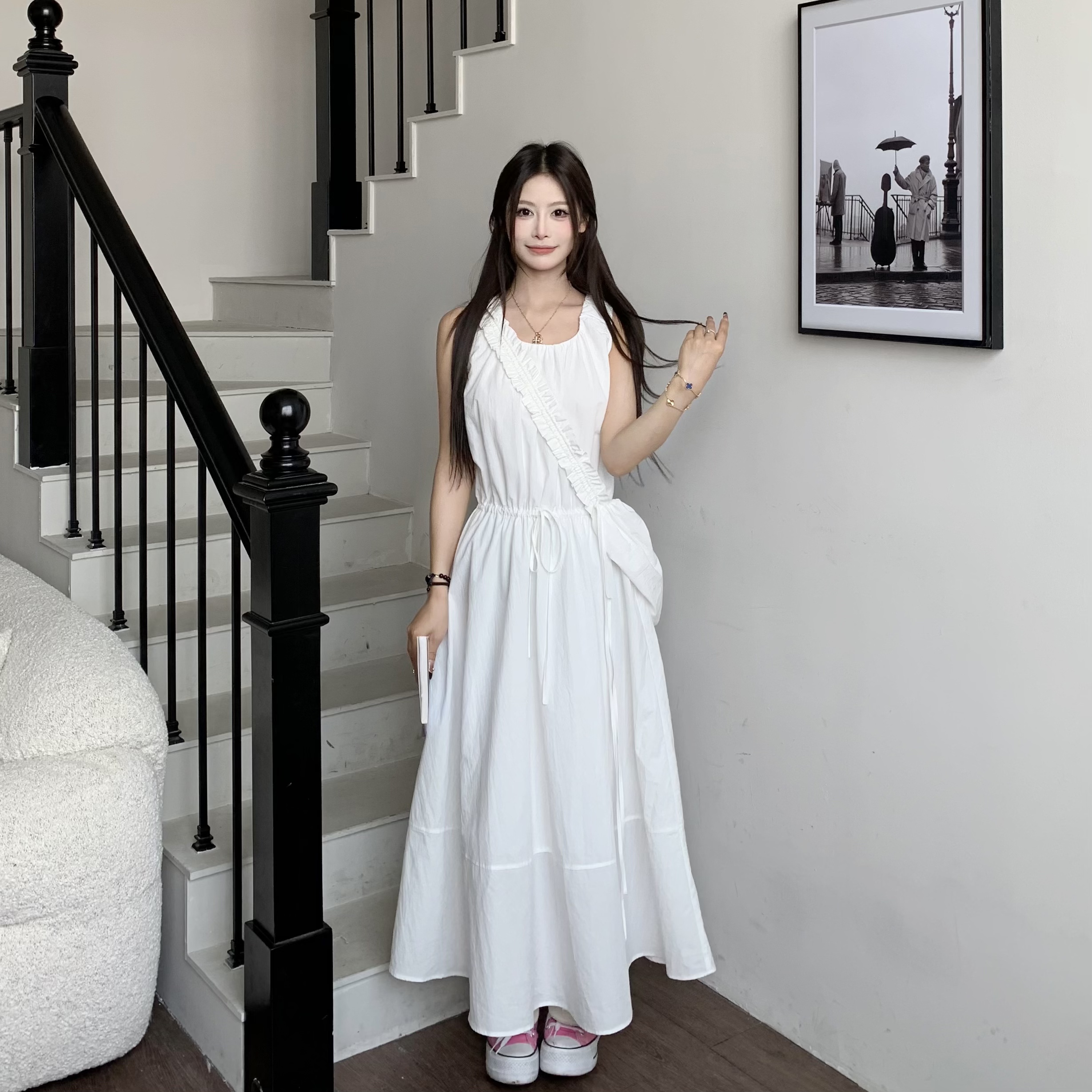 3MER哦哦三妹自带包包白色初恋无袖背心连衣裙女夏气质温柔长裙子