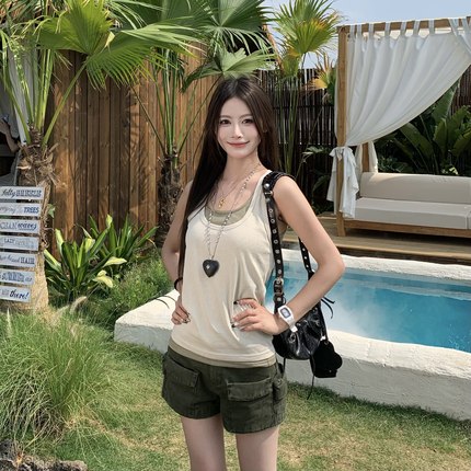 3MER哦哦三妹吊带背心女夏季新款内搭外穿别致修身无袖上衣两件套