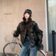 3MER哦哦三妹美式 复古皮衣外套女宽松春秋夹克外套夹棉加厚机车服