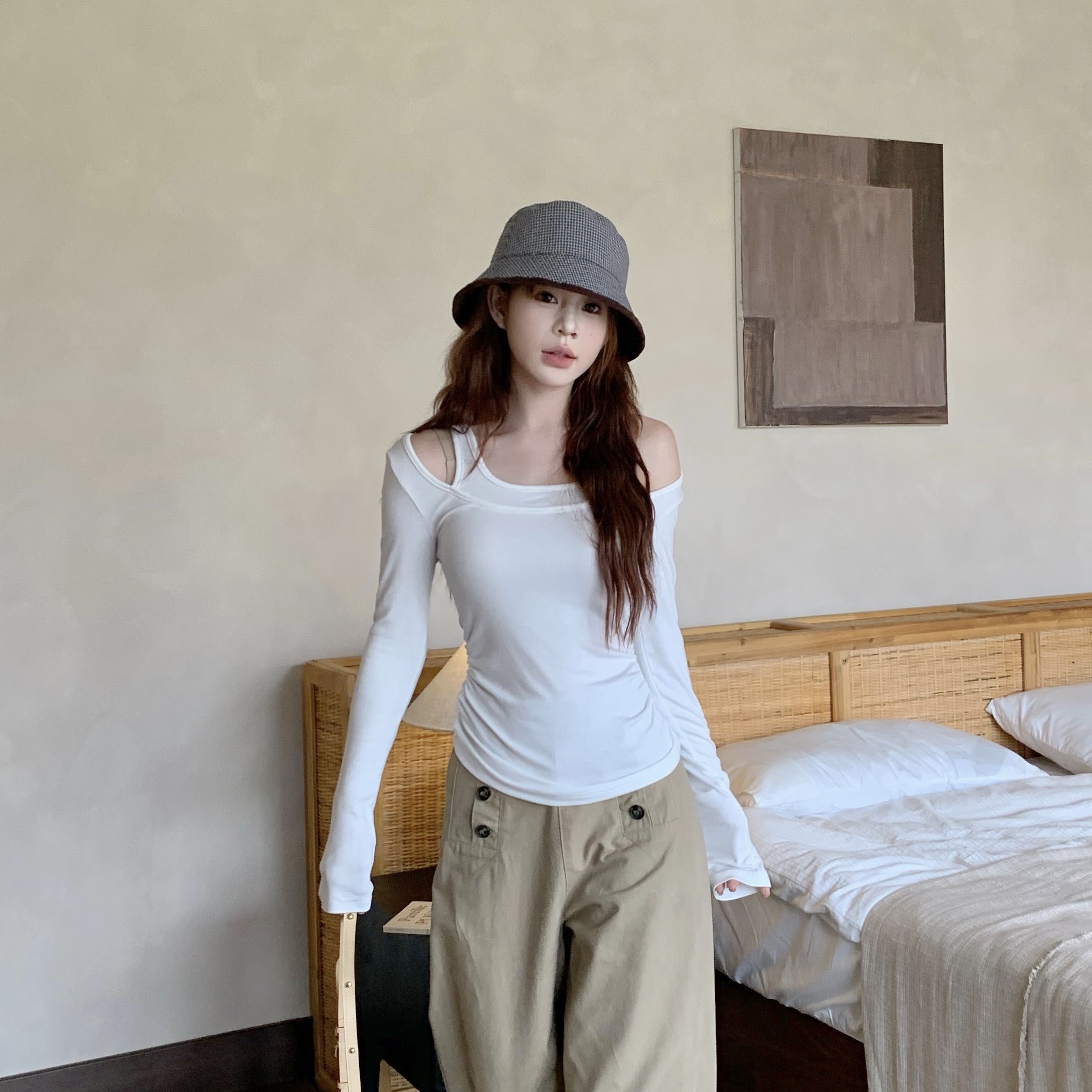 3MER辣妹假两件露肩长袖打底