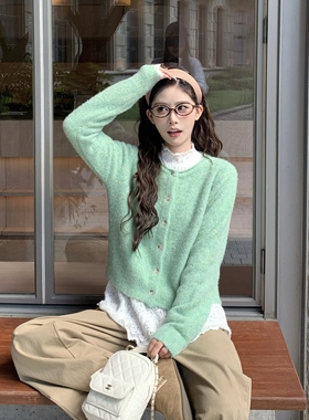 3MER哦哦三妹 韩系复古针织开衫女秋季新款外搭上衣绿色毛衣外套