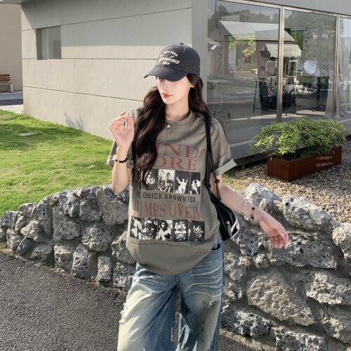 3MER美式做旧印花情侣短袖T