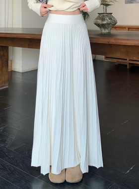 3MER哦哦三妹 白色针织半身裙女秋冬高腰a字百褶裙垂感中长款裙子