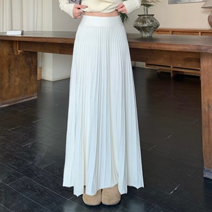 3MER哦哦三妹 白色针织半身裙女秋冬高腰a字百褶裙垂感中长款裙子