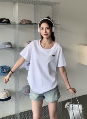 3MER哦哦三妹 白色正肩圆领短袖t恤女夏季百搭宽松简约打底衫上衣