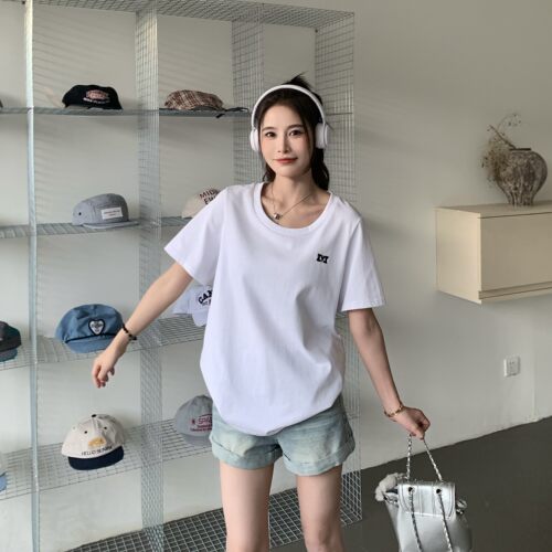 正肩圆领短袖t恤女棉宽松百搭