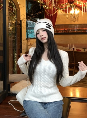 3MER哦哦三妹 韩系V领麻花毛衣女秋冬修身保暖长袖内搭打底衫上衣