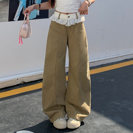 3MER哦哦三妹卡其色蕾丝花边拼接牛仔裤女春中腰显瘦阔腿弯刀裤子