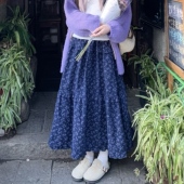 3MER哦哦三妹 A字裙子 藏蓝色碎花半身裙女春秋韩系复古温柔中长款