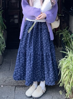 3MER哦哦三妹 藏蓝色碎花半身裙女春秋韩系复古温柔中长款A字裙子