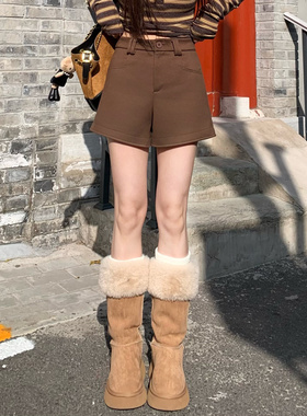3MER哦哦三妹 韩系复古咖色毛呢休闲裤女秋冬高腰A字短裤百搭裤子