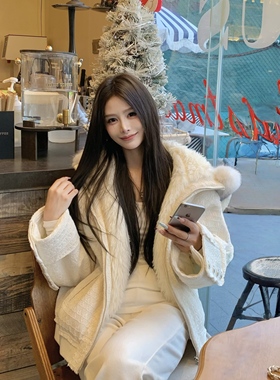 3MER哦哦三妹 小香风毛领连帽毛毛外套女冬季高级感保暖毛绒外套