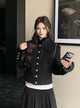 3MER哦哦三妹赫本千金风黑色夹棉短外套女冬高级感小香风立领夹克