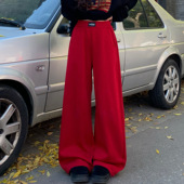 3MER哦哦三妹韩系红色加绒休闲裤 子 垂感宽松阔腿裤 女冬季 百搭卫裤