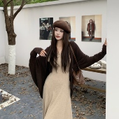 新款 3MER哦哦三妹韩系氛围感针织开衫 女秋季 慵懒咖色毛衣披肩外套