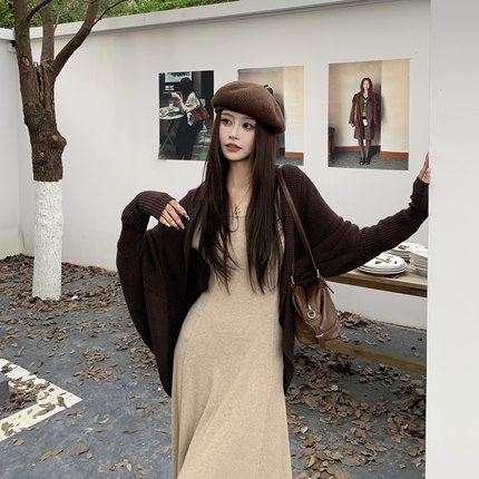 3MER哦哦三妹韩系氛围感针织开衫女秋季新款慵懒咖色毛衣披肩外套