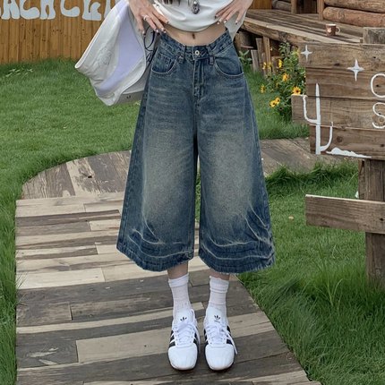 3MER哦哦三妹蓝色复古七分牛仔短裤女夏季美式宽松直筒阔腿中裤子