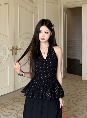 3MER哦哦三妹法式露背气质波点挂脖吊带背心秋新款显瘦无袖上衣女