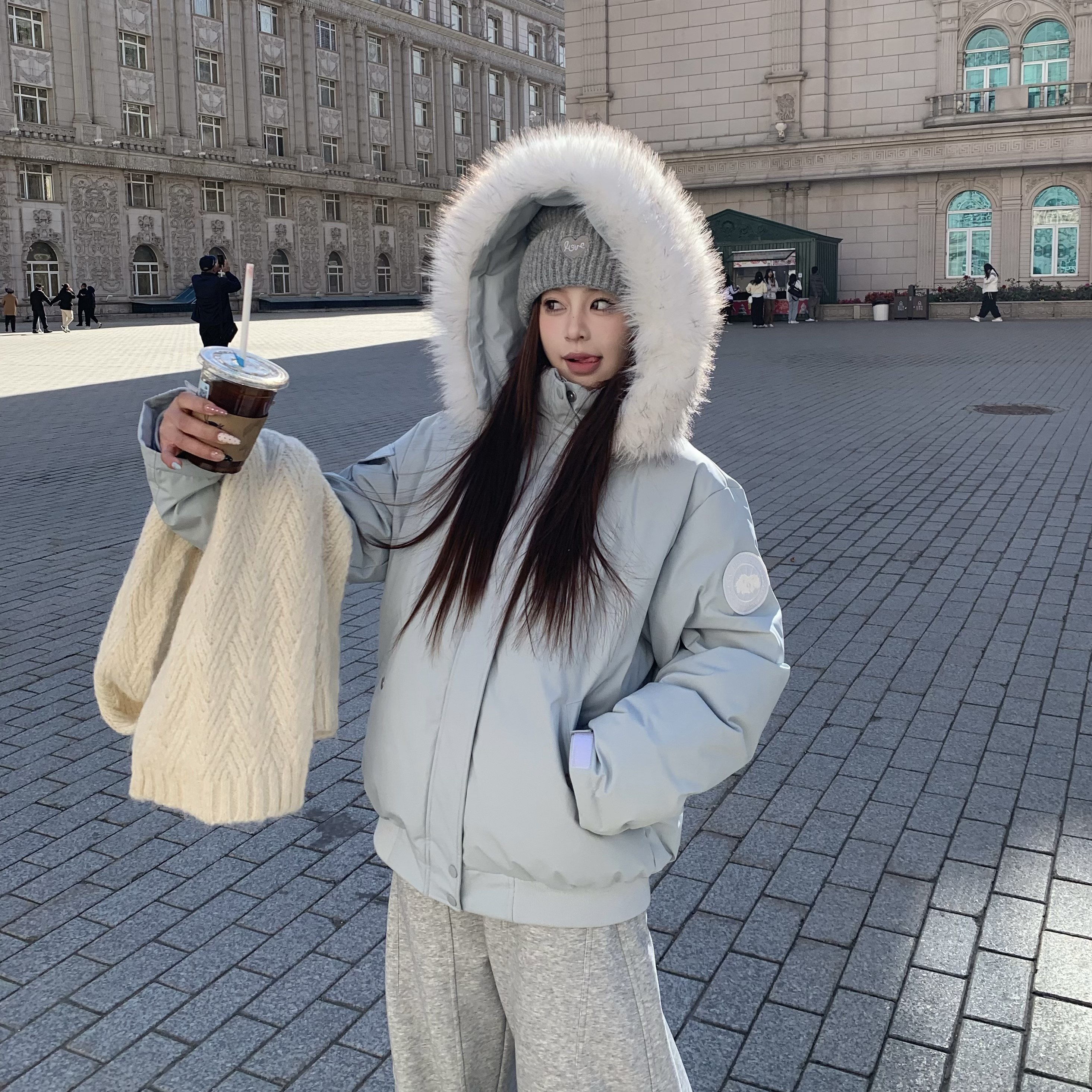 3MER哦哦三妹90白鸭绒大毛领连帽羽绒服女冬季新款情侣保暖派克服