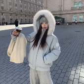 3MER哦哦三妹90白鸭绒大毛领连帽羽绒服女冬季 新款 情侣保暖派克服