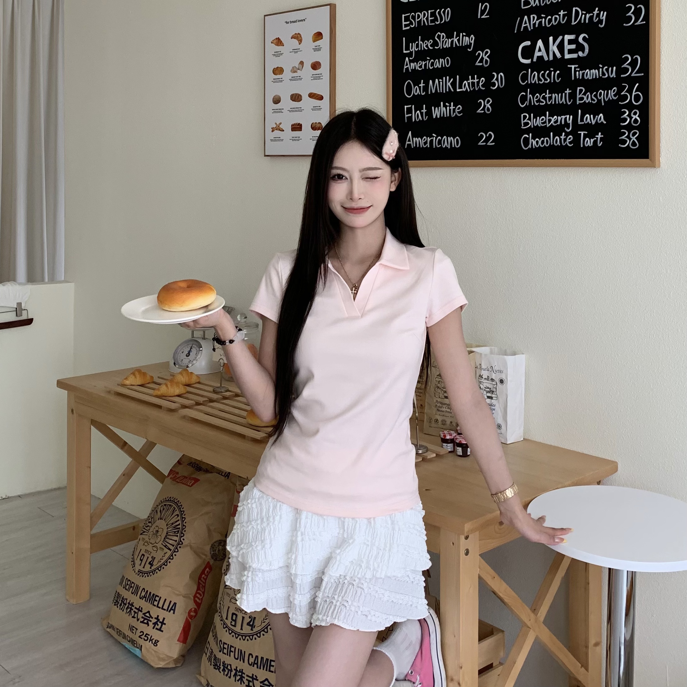 3MER显瘦韩女正肩polo短袖