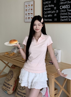 3MER哦哦三妹 正肩polo领短袖T恤女夏韩系甜美显瘦内搭打底小上衣
