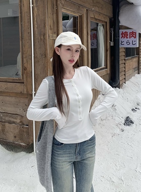 3MER哦哦三妹亨利领加绒打底衫女秋冬季长袖T恤显瘦百搭内搭上衣