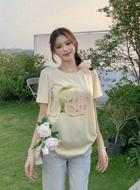 3MER哦哦三妹 甜美芭乐白色正肩圆领短袖T恤女韩夏季宽松百搭上衣