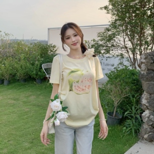 宽松百搭上衣 T恤女韩夏季 3MER哦哦三妹 甜美芭乐白色正肩圆领短袖