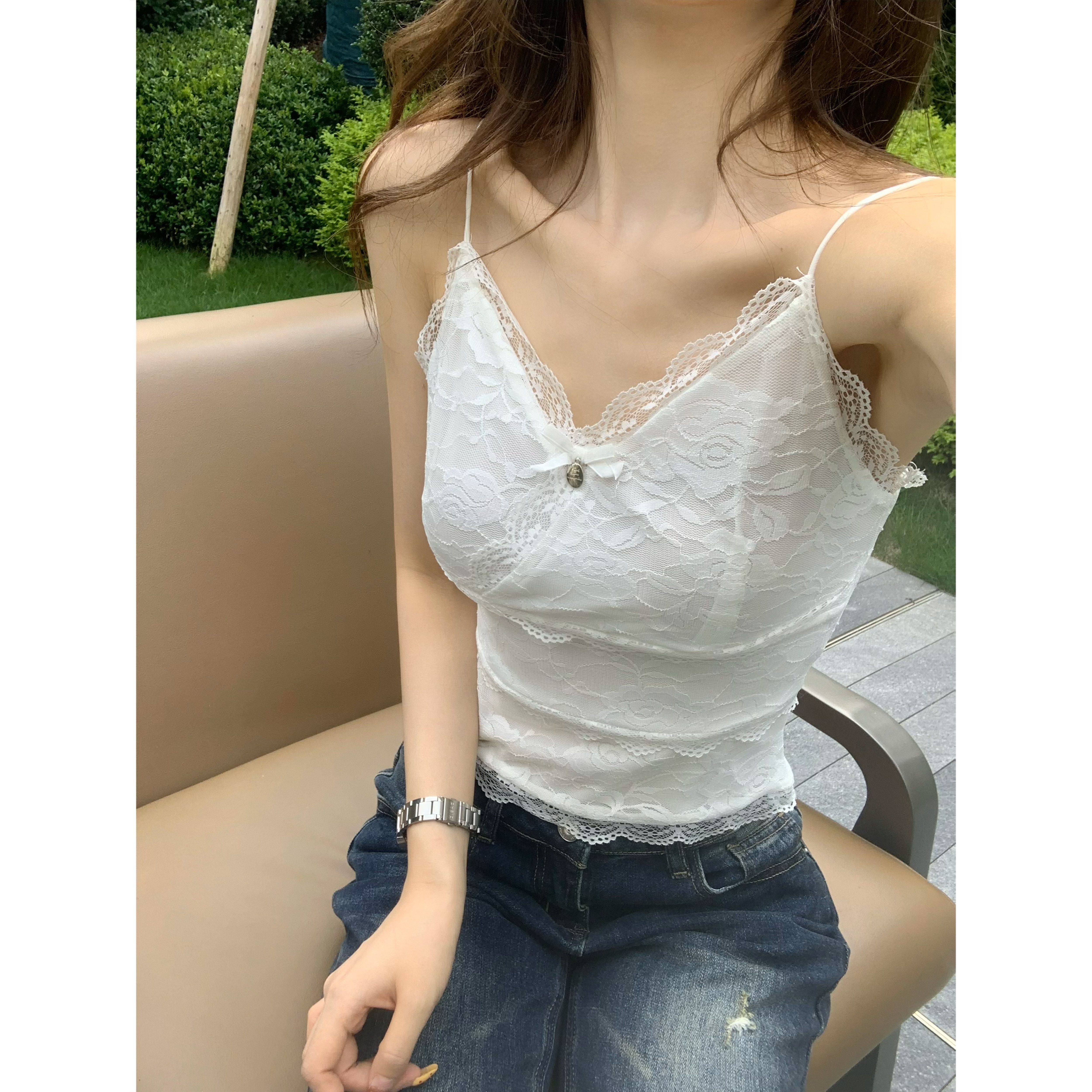 3MER哦哦三妹 纯欲蕾丝V领吊带背心女夏显瘦内搭外穿短款甜辣上衣
