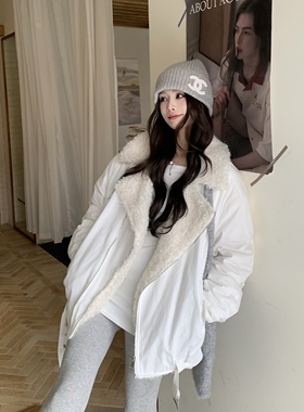 3MER哦哦三妹白色卷卷毛翻领棉服女冬季韩系保暖宽松毛毛棉衣外套