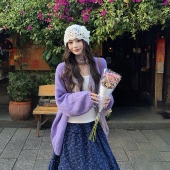 3MER哦哦三妹温柔风紫色毛衣外套女春秋新款 慵懒宽松软糯针织开衫