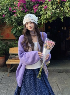 3MER哦哦三妹温柔风紫色毛衣外套女春秋新款慵懒宽松软糯针织开衫