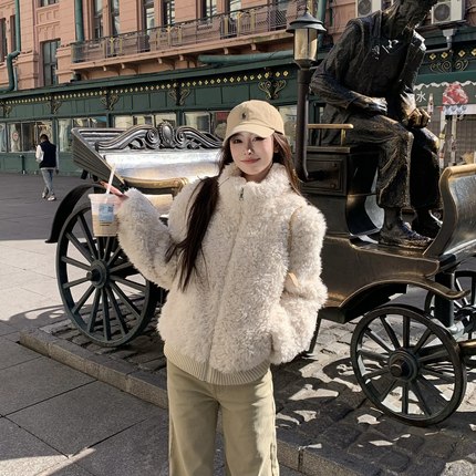 3MER哦哦三妹 泰迪卷卷 立领毛毛外套女冬季保暖显瘦韩系短款上衣