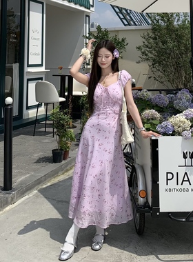 3MER哦哦三妹 紫色V领碎花连衣裙女夏季法式长裙气质收腰显瘦裙子