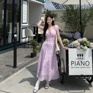 3MER哦哦三妹 紫色V领碎花连衣裙女夏季法式长裙气质收腰显瘦裙子