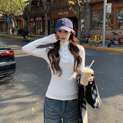 3MER半高领贝壳扣薄绒长袖打底