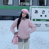 3MER哦哦三妹韩系慵懒粉色麻花圆领毛衣女秋冬甜美套头针织衫 上衣