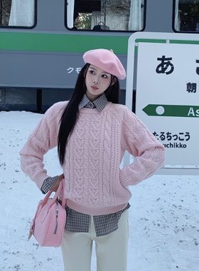 3MER哦哦三妹韩系慵懒粉色麻花圆领毛衣女秋冬甜美套头针织衫上衣