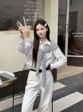 3MER哦哦三妹韩系通勤风白色长袖衬衫女设计感气质小众刺绣上衣