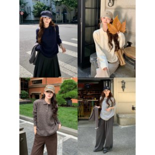 3MER哦哦三妹 韩系复古polo领麻花毛衣女秋冬宽松打底针织衫上衣